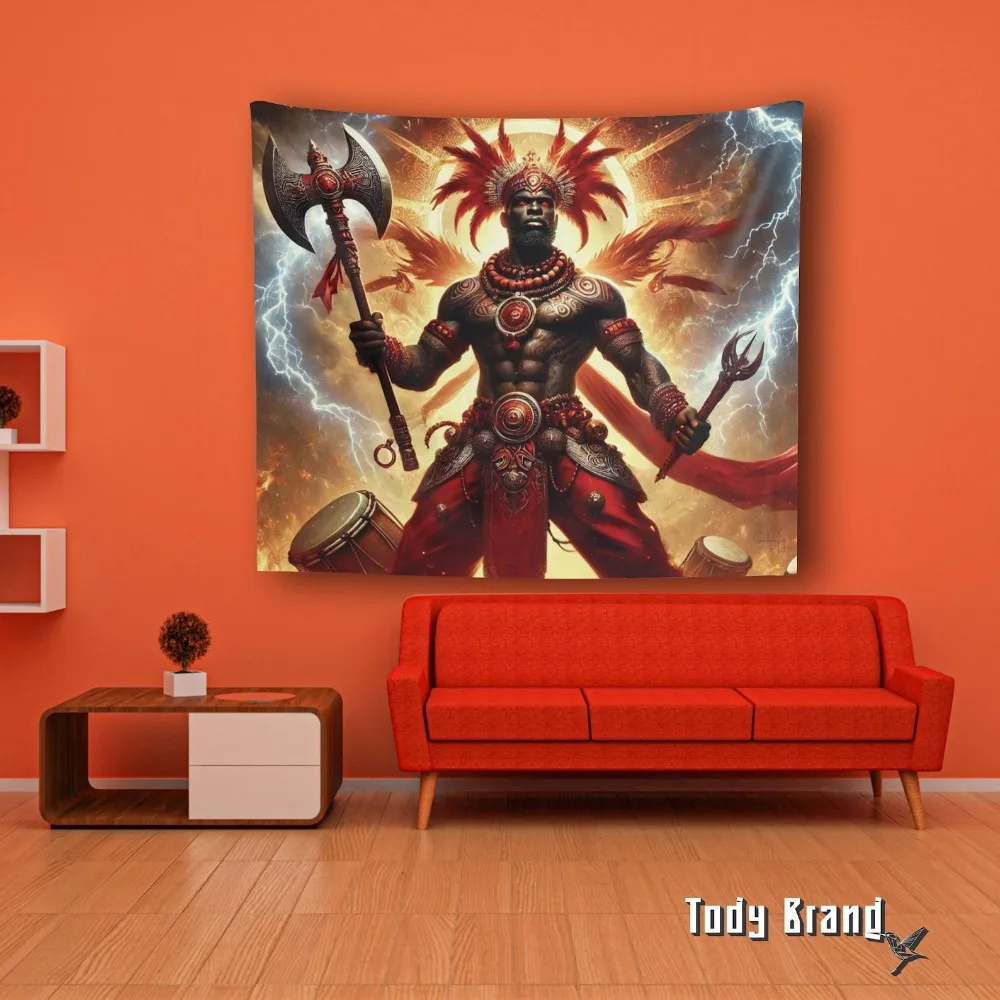 Vibrant Shango Tapestry God of Thunder and Justice Yoruba Art Wall Decor Aesthetic Backdrop for Ceremonies Festival