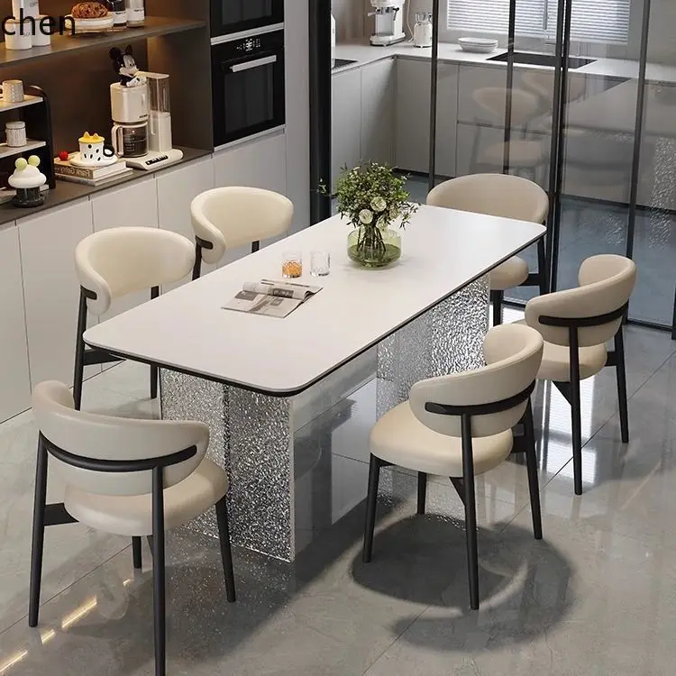 ZMLNew Minimalist Stone Pattern Acrylic Rock Plate Dining Table and Chair Set Full Support Modern Simple