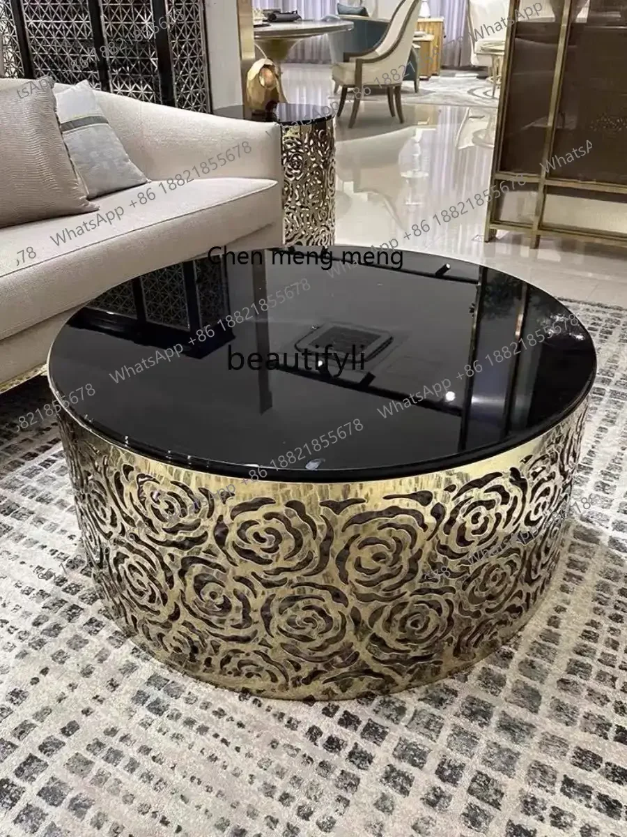 American light luxury stainless steel round coffee table designer hollow tempered glass tea table2936