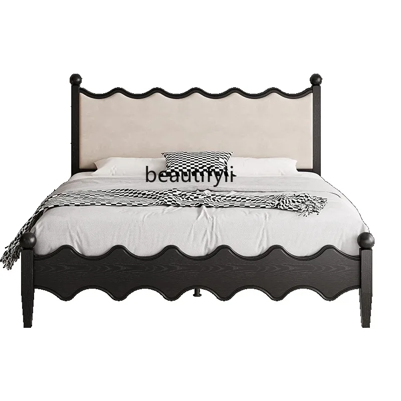 

French retro wavy solid wood red oak bed 1.8 meters double master bedroom soft bag bed black medieval ripple bed
