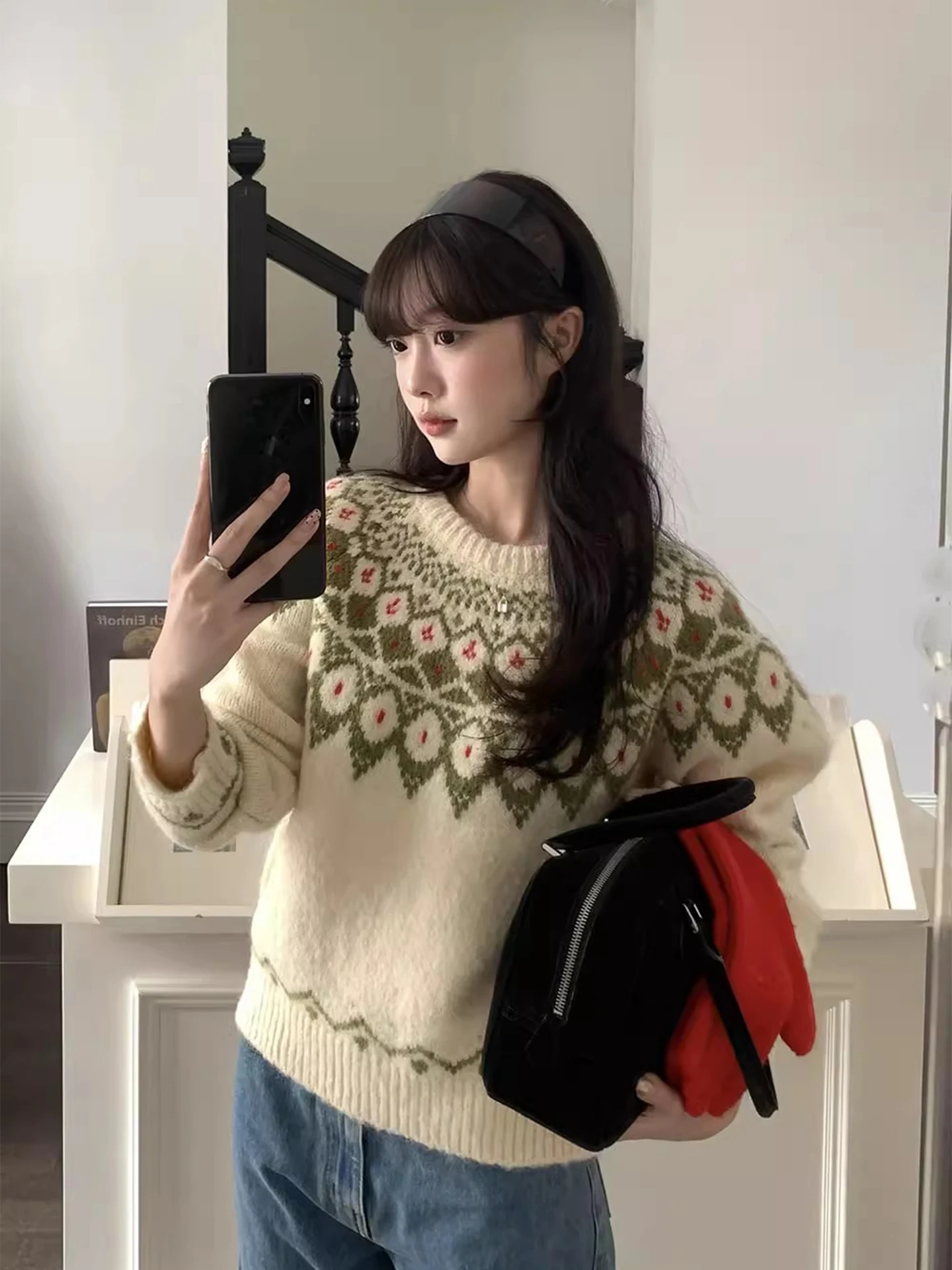 

Korean Sle Thiened Warm Knitted Sweater Women's Winter New Faion Retro Heavyweight Floral Patterned Top for Teens