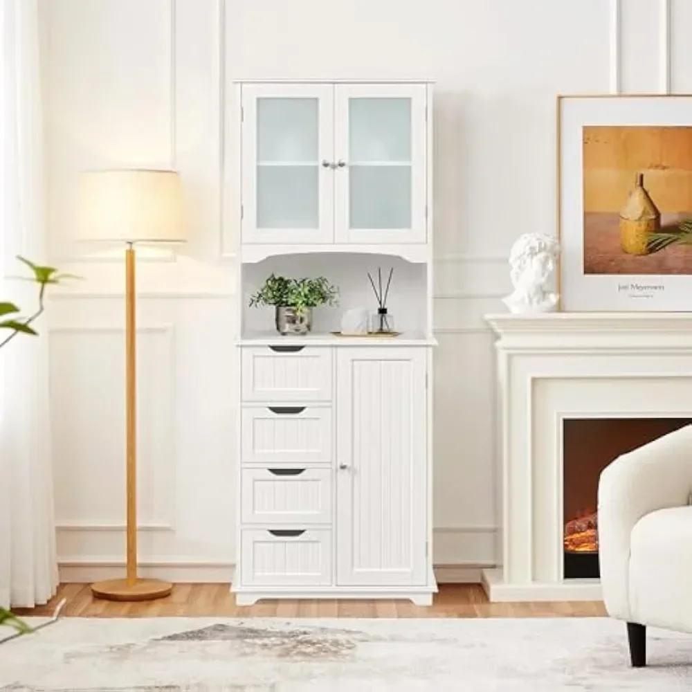 65.5″ Tall Storage Cabinet Kitchen Cupboard With Glass Door Freestanding Floor Cabinet