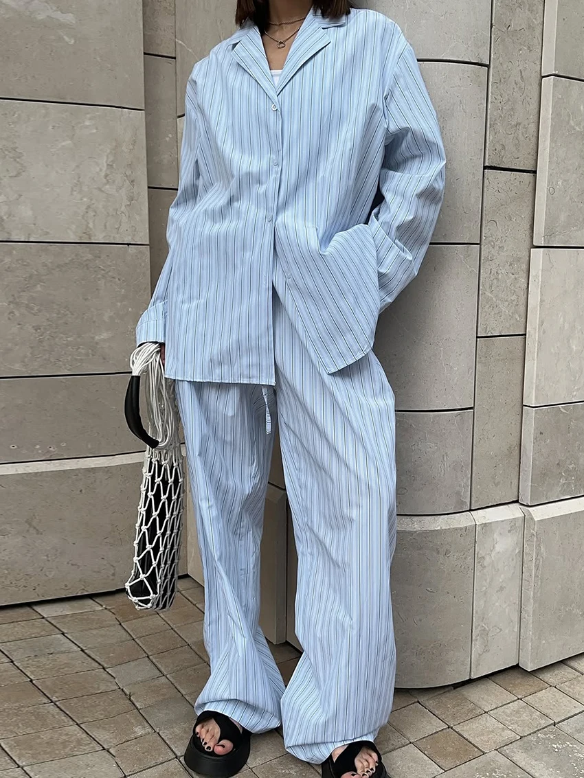 Marthaqiqi Striped Ladies Sleepwear Suit Sexy Turn-Down Collar Pajamas Long Sleeve Nightgowns Pants Casual Female Nightwear Set