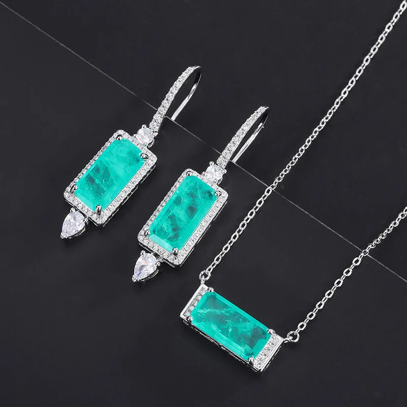 2022 New Paraba Emerald Gemstone Rectangle Pendant Necklace Boucle Doreille Luxe Set Chains for Women Jewelry Vintage Wedding