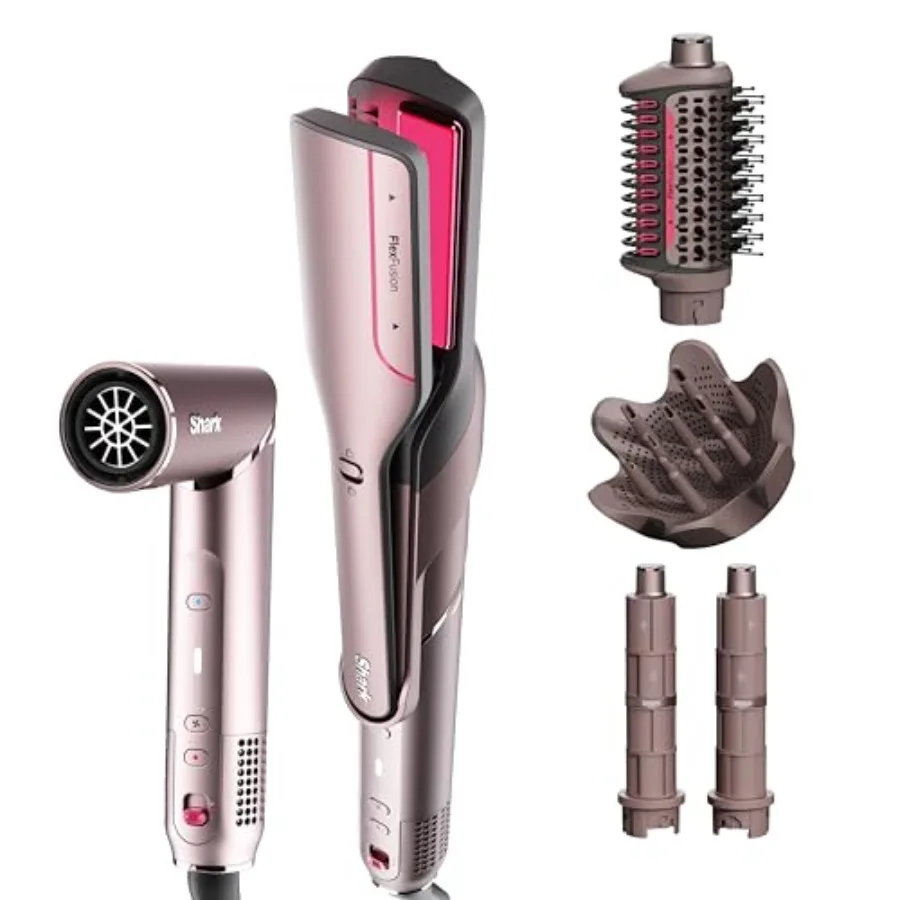 Shark FlexFusion Hair Straightener Dryer for salon-style styling, ceramic plates, Cosmic Blush color, auto-wrap curlers and dif