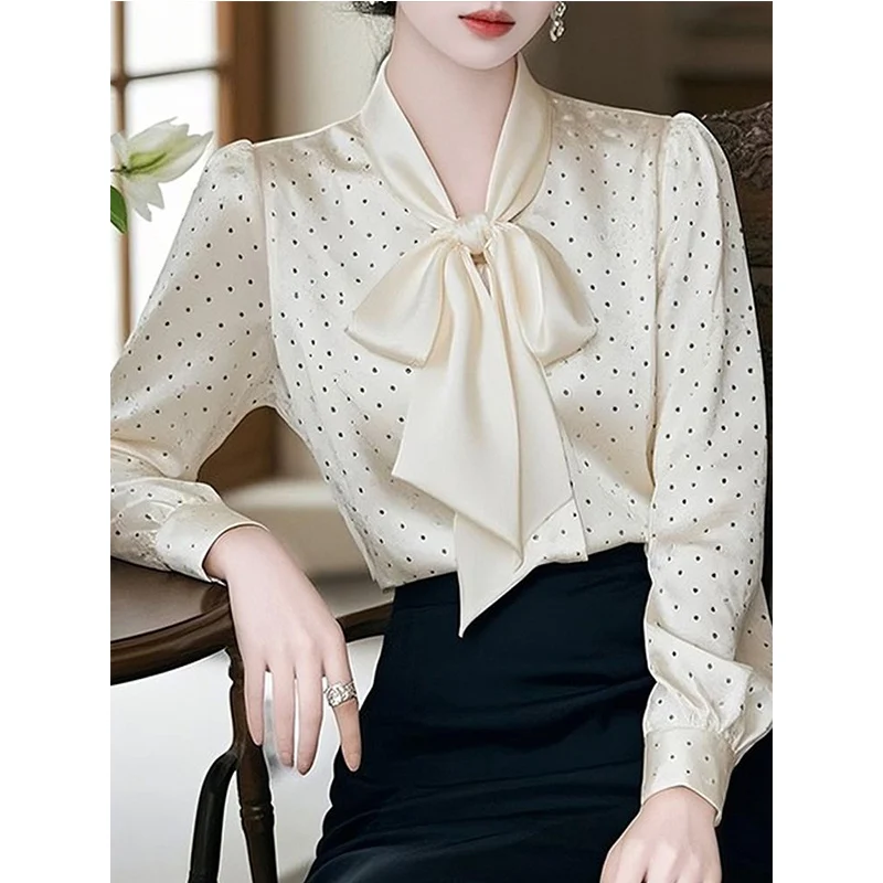 

Ladies Korean Fashion Lacing Bow V-neck Long Sleeve Blouse Autumn Temperament Polka Dot Satin Shirts Women Clothing Elegant Tops