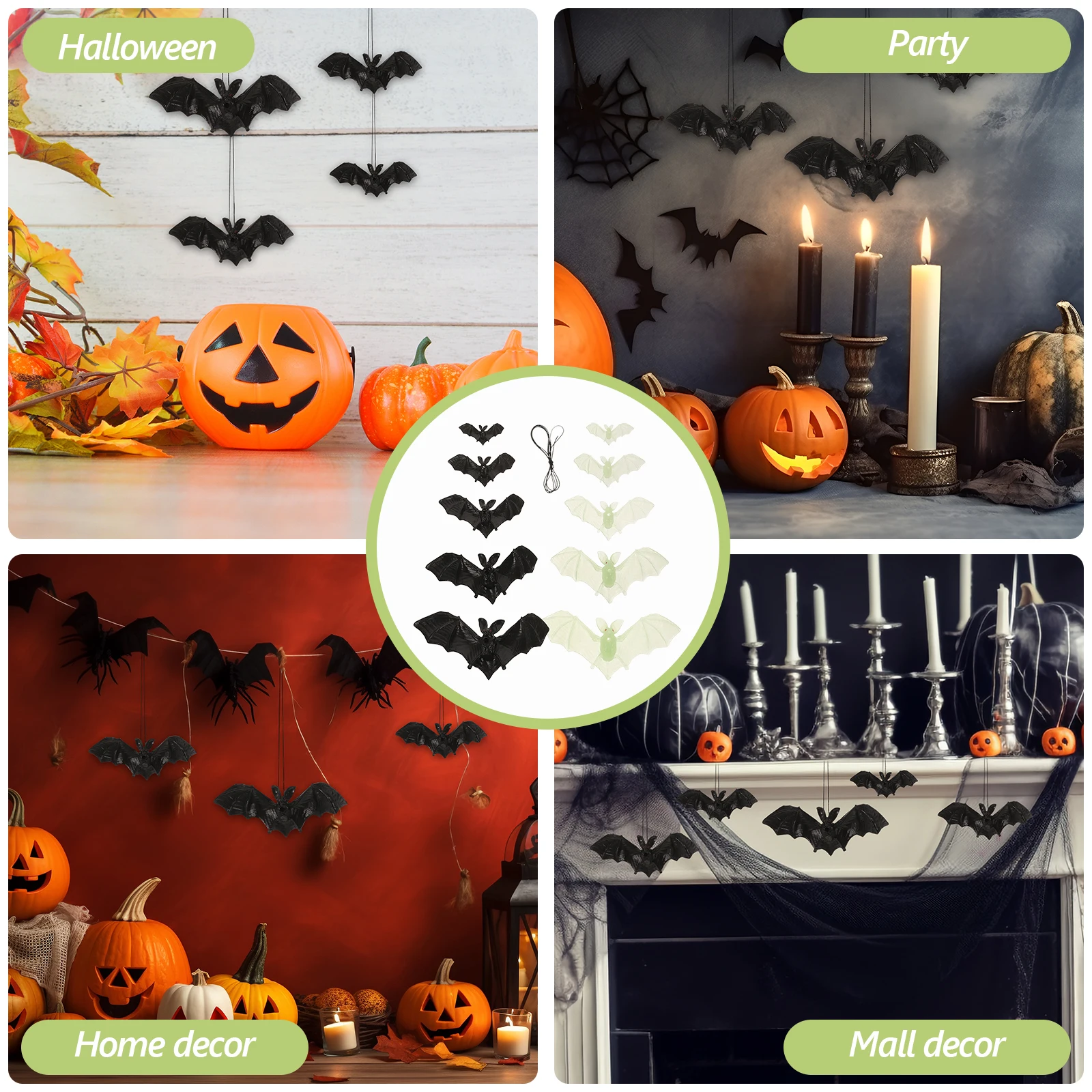 

10Pcs Night Glow Bat Decorations Glow Dark Realistic Hanging Strings Halloween Party Wall Decor Spooky Bats Plastic Bats
