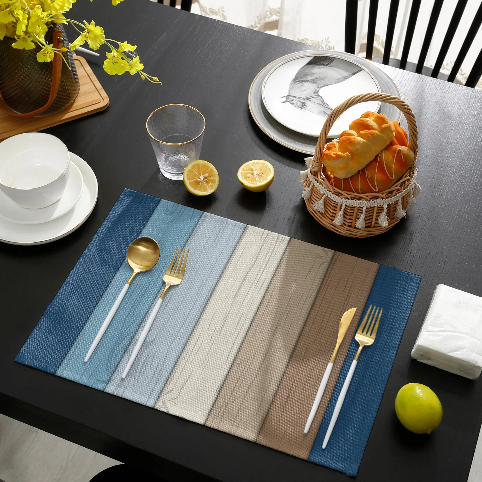 Retro Gradient Wood Grain Placemat Wedding Party Dining Decor Linen Table Mat Kitchen Accessories Table Napkin