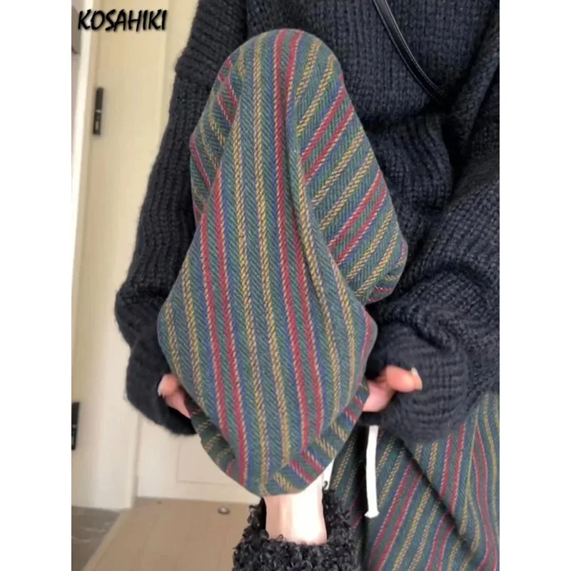 

2024 Vertical Stripe Wide Leg Trousers Casual Harajuku Women Drawstring Pants Vintage Y2k Aesthetic Grunge Loose Pocket Pantalon