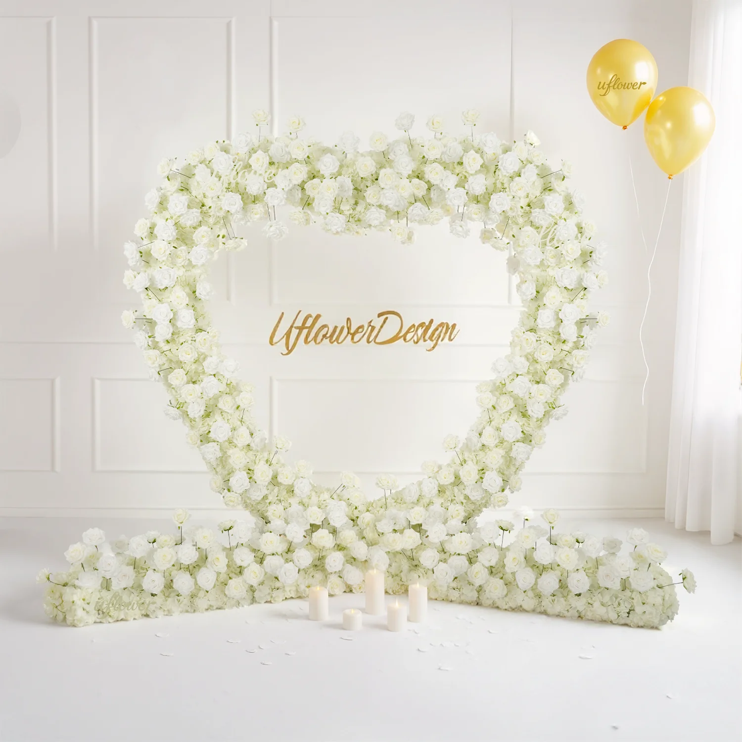 

Uflower Cloth Base White Rose 5D Floral Row Arrangement Decor Wedding Backdrop Love Heart-Shaped Arch Frame Stage Flower Stand