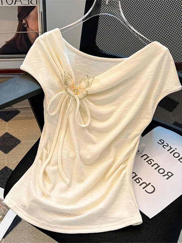 

Outlet Elegant Pure Color T-Shirt Sleeveless Slimming Bottom Shirt Bow-Knot Neck Design Summer Commute Style Korean Fit