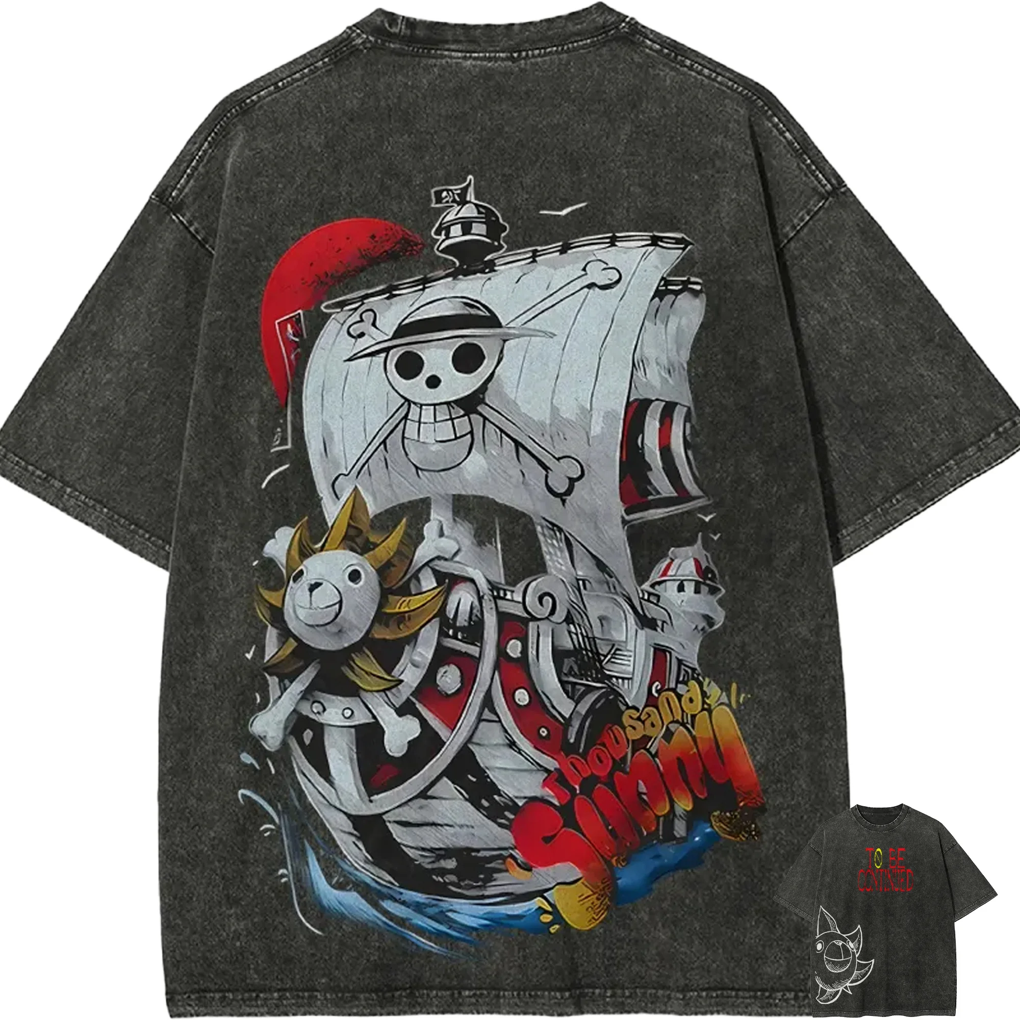 Thousand Sunny T-Shirt für Herren, Acid Wash Anime One Piece Schiff Grafik, Baumwolle Vintage Gym Streetwear Piratenboot To Be Continued Tee