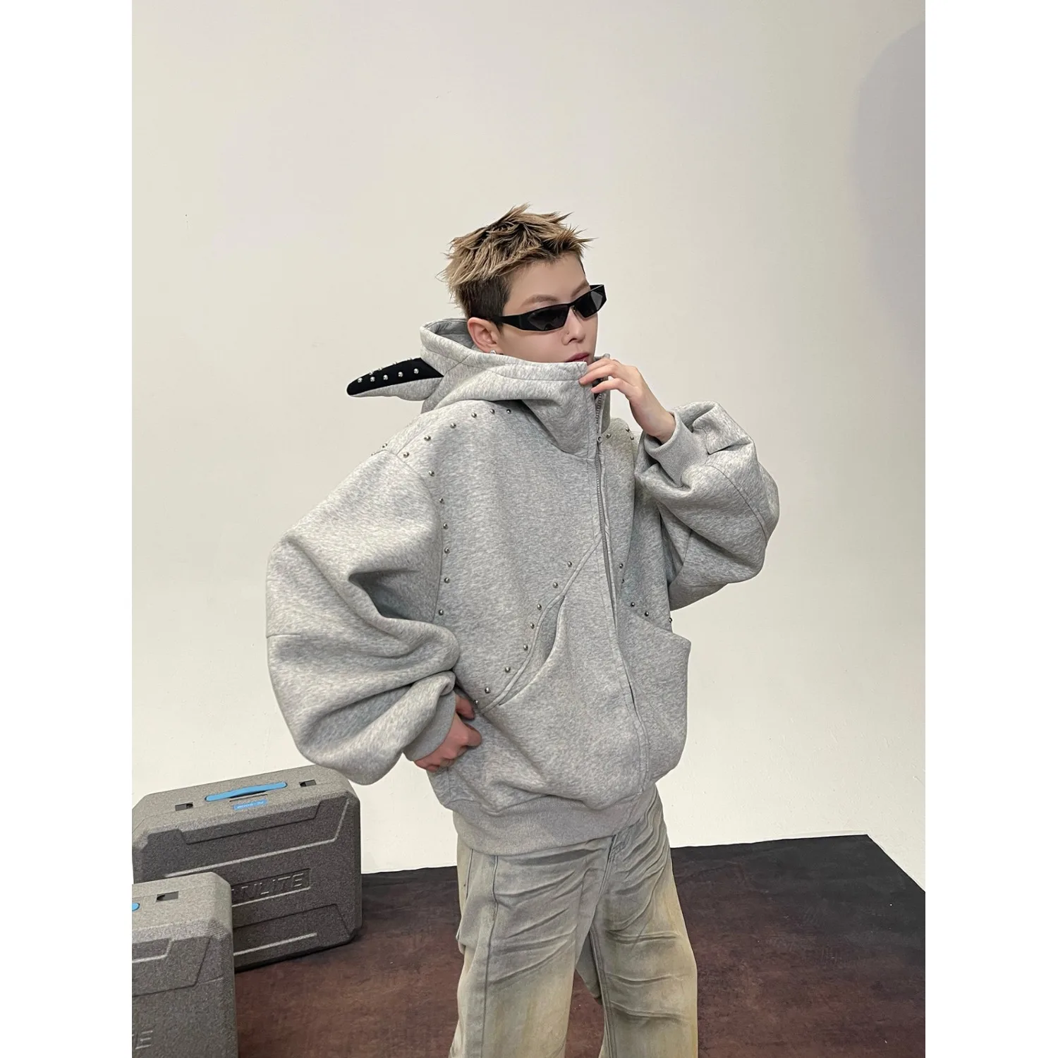 Pesante 250 Pou Autunno Inverno Uomo American Sle Coppia allentata Cardigan Felpa con cappuccio Jaet Fibra di poliestere Traspirante Lungo...