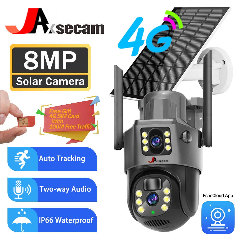 

4K 8MP Solar Battery PTZ Cameras Free Gift 4G Sim Card Dual Lens Dual Screen Outdoor Security Protection PIR Auto Tracking CCTV