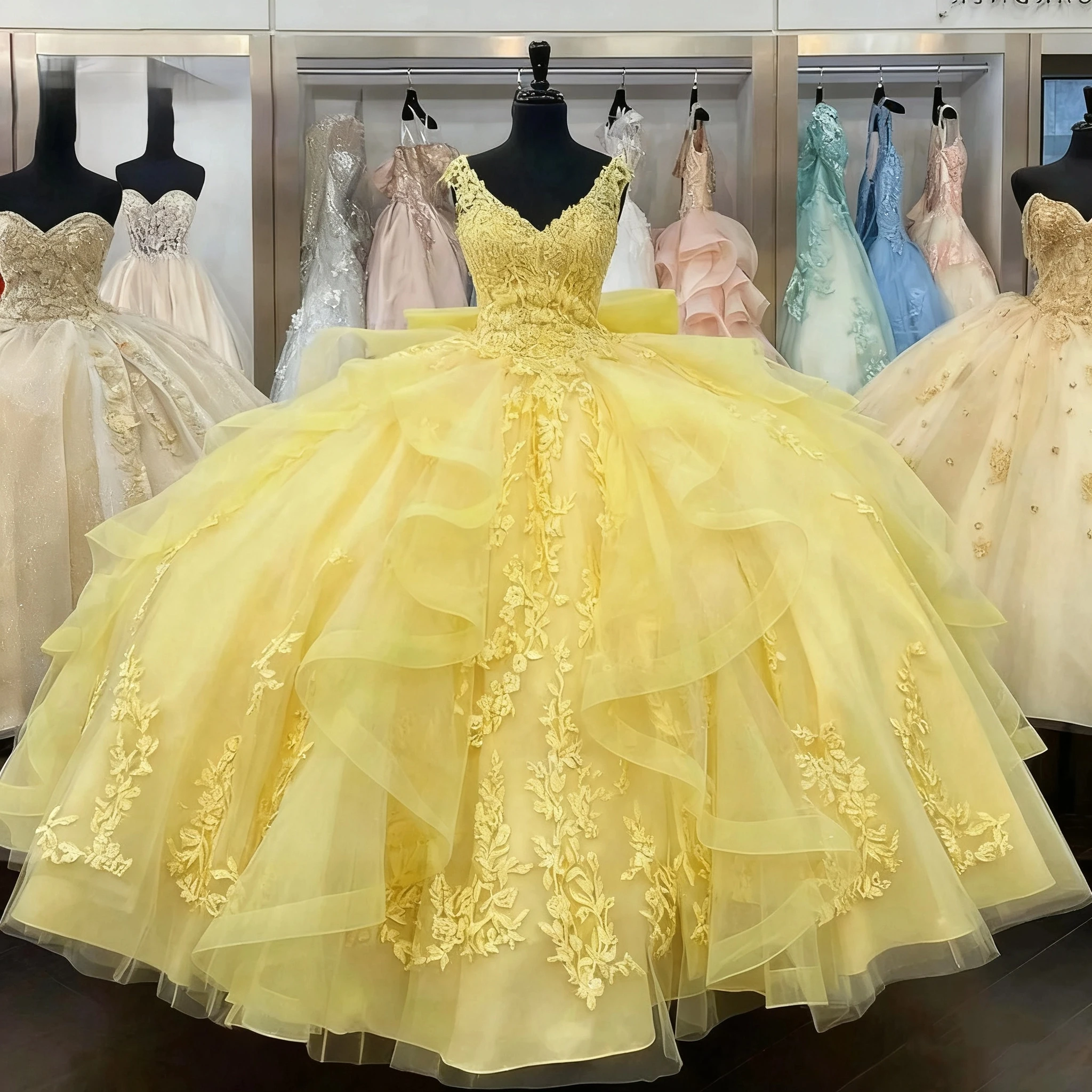 

Customized Elegant Yellow A-Line Chiffon Applique Women's Fluffy Ball Dress Sexy V-Neck Sweet Princess Birthday Evening Dress