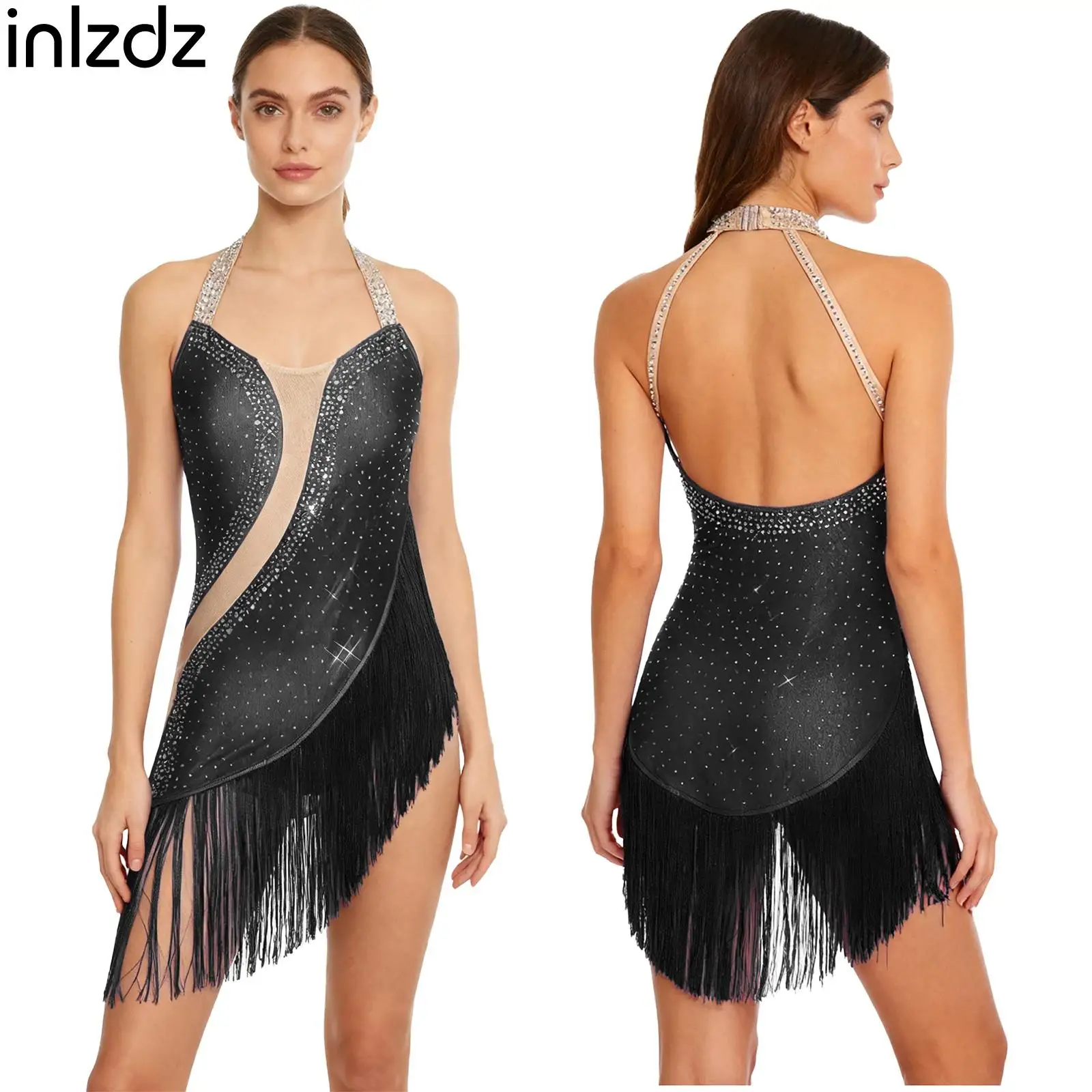 

Womens Gymnastics Latin Jazz Dance Bodysuit Halter Backless Rhinestone Tassel Leotard Tango Cha-cha Rumba Performance Dancewear