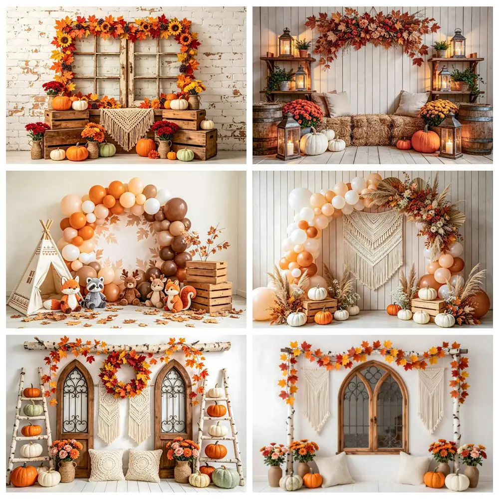 Autumn Backdrop Pumpkins Maple Leaves Balloons Interior Rome Baby Kids Portrait Birthday Wedding Party Decor Photo Background