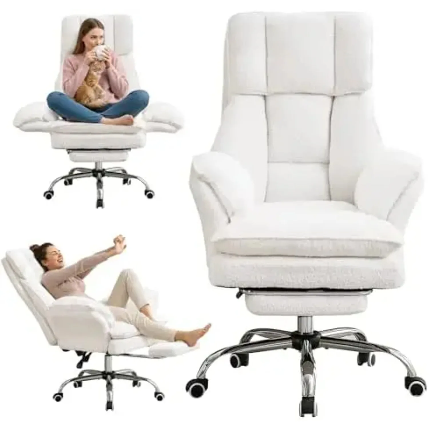 Cloud Cross Legged Office Chair with Footrest,Teddy Fleece Big and Tall Executive Ergonomic Chair, Flip Armrests for