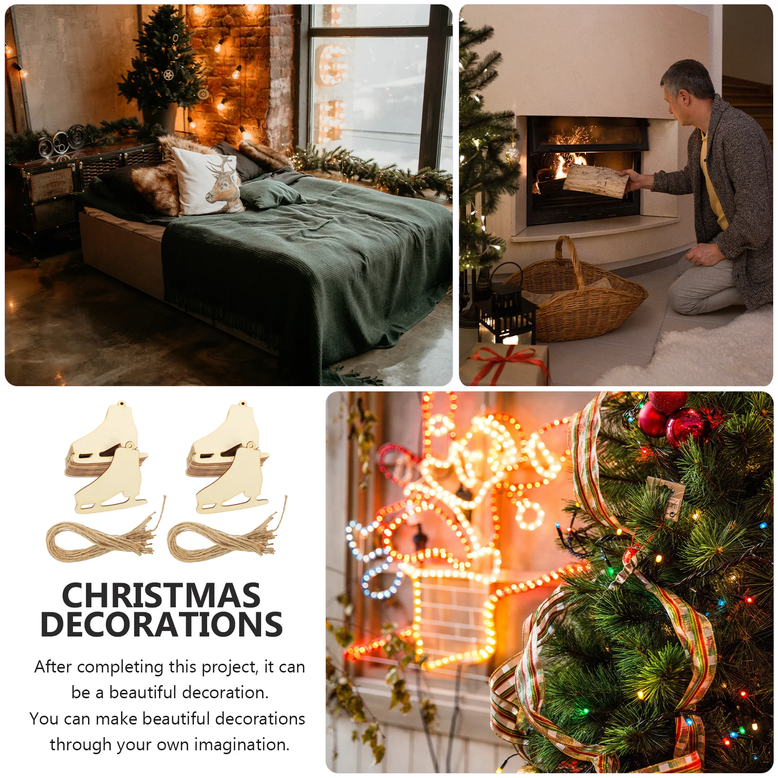 

40 set Wooden Ice Skates Hanging Decor Christmas Elements Design Slices Diy Unfinished Cutouts Graffiti Wood Chips For Kids