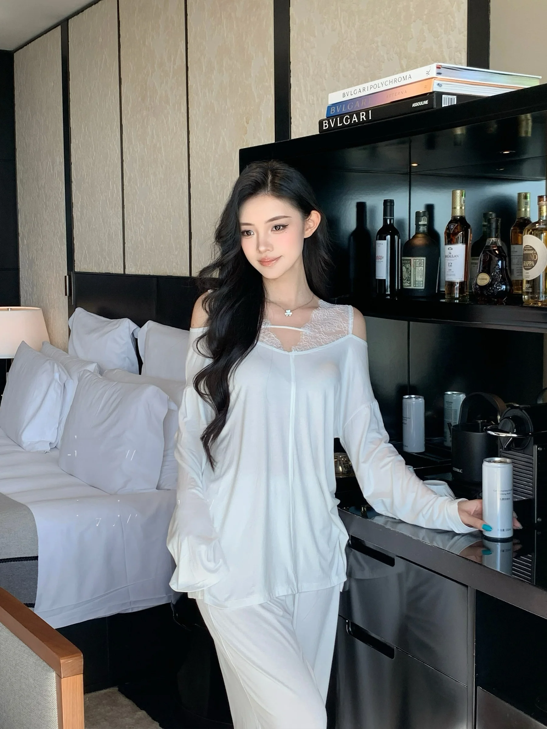 sexy-lace-modal-nightgown-women's-home-clothes-set-comfortable-soft-v-neck-long-sleeve-shoulder-exposure-autumn-new-arrival