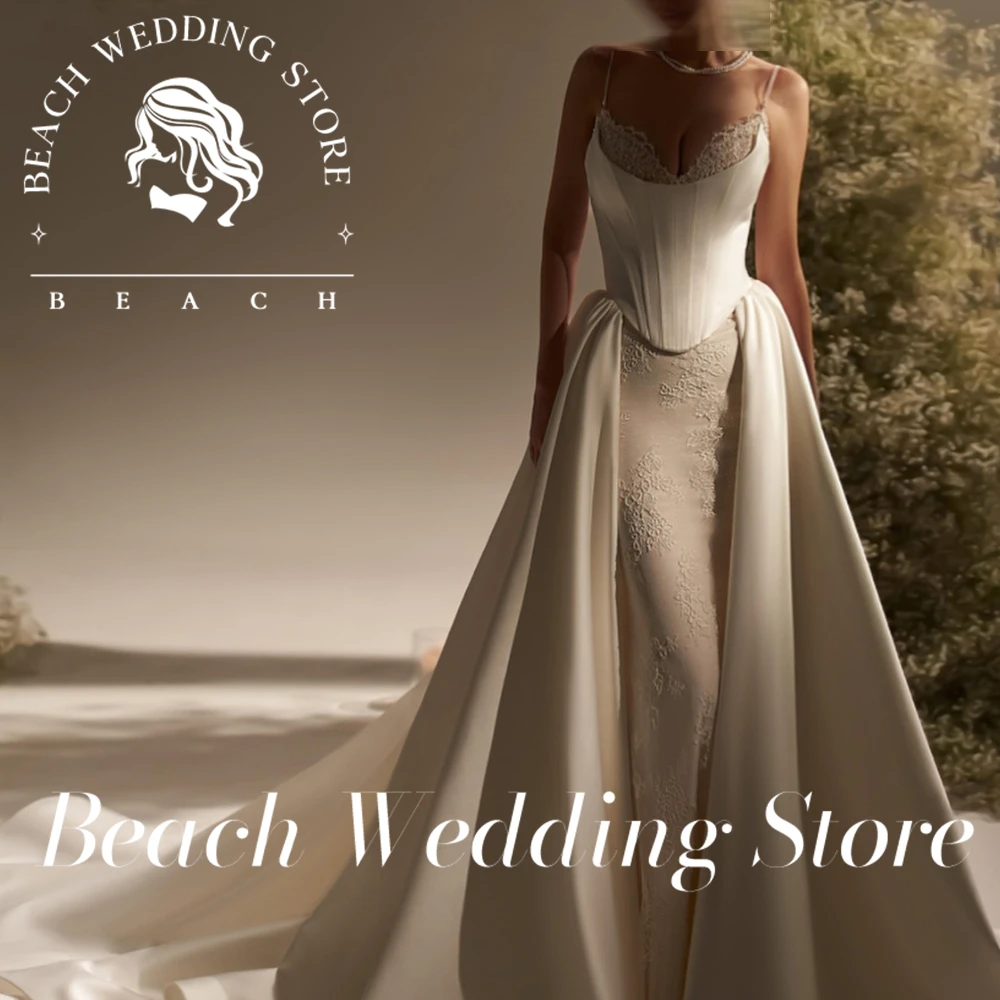 

Beach Customized Spaghetti Strapless Sweetheart Prom Wedding Dress for Women Satin Floor Length Sleeveless Backless Bridal Gowns