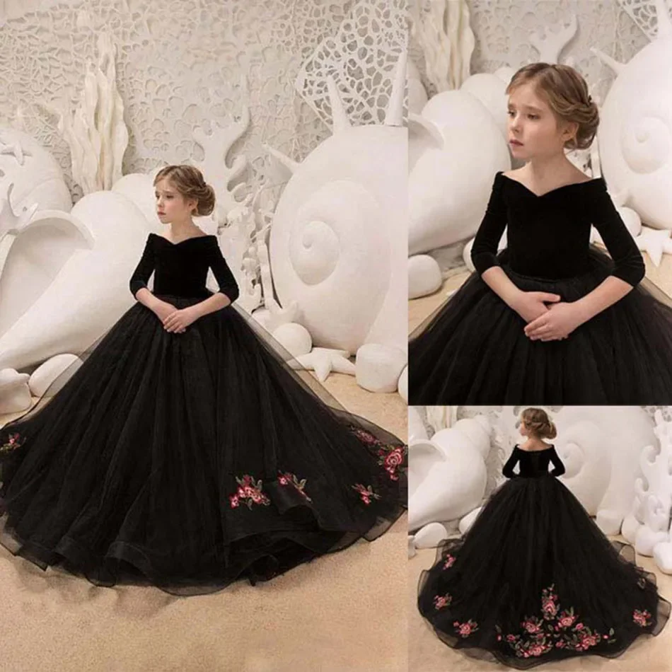 2022 New Kids Dresses Girl Elegant Long Prom Black Embroidery Tulle Gowns Children Stage Dress 8 Grade Graduation Dresses