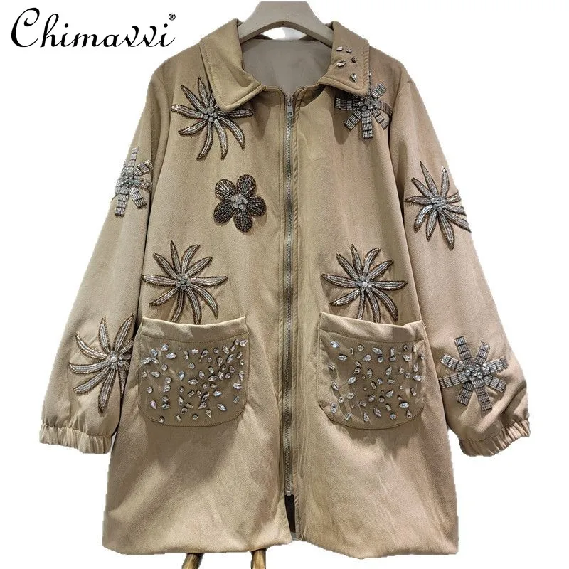 2025 Autumn New French Fashion High-end Heavy Handmade Diamond Lapel Jacket Top Fashion Imitation Deerskin Velvet Coat Top