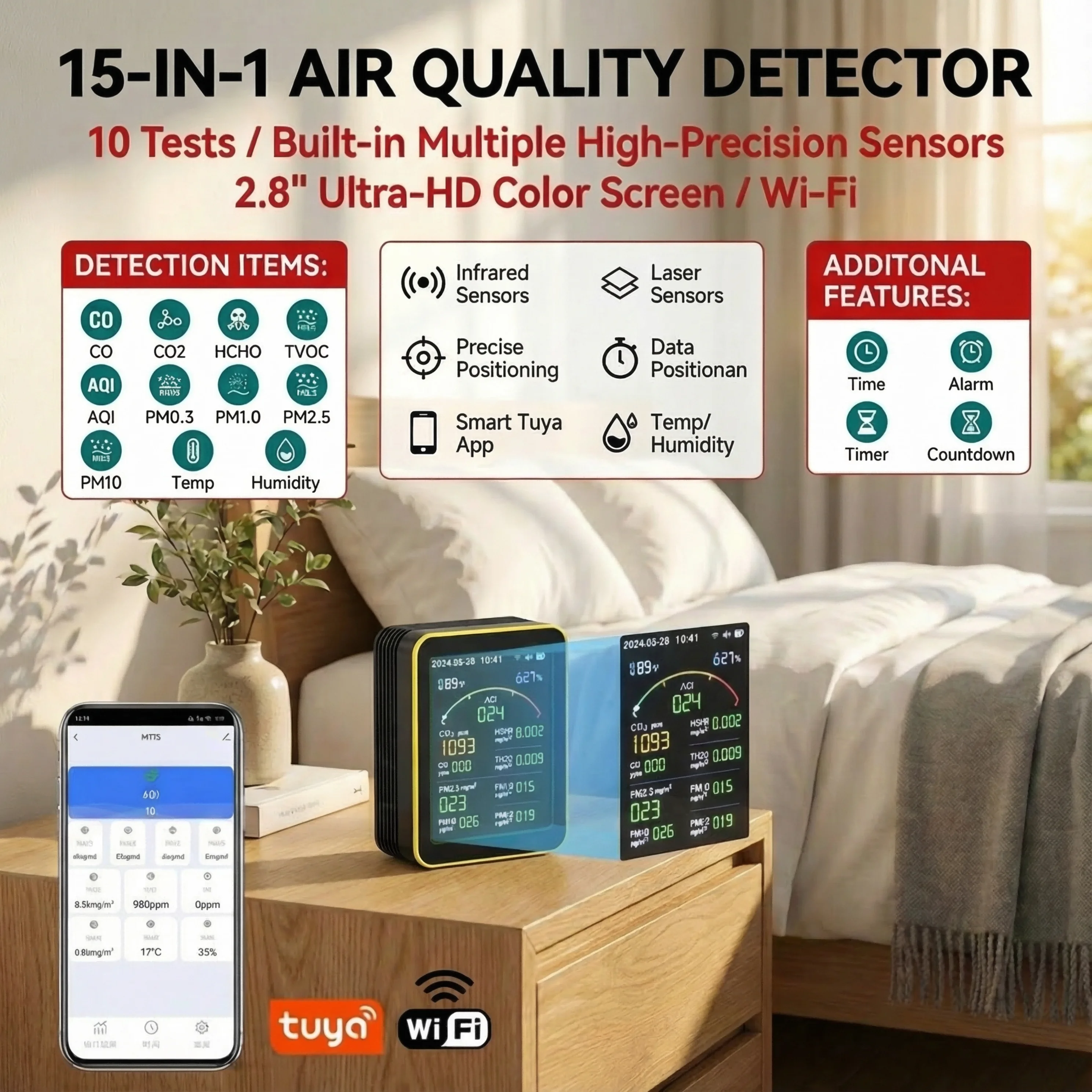 

home Tuya WiFi air quality monitor 15 in 1 gas detector USB Rechargeable AQI PM2.5 CO co2 sensor meter 이산화탄소 경보기