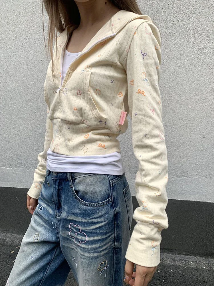 

Японский кавайный кардиган с капюшоном, женский Y2K, винтажный милый свитшот с цветочным принтом, Mujer, куртки на молнии с длинными рукавами, пальто