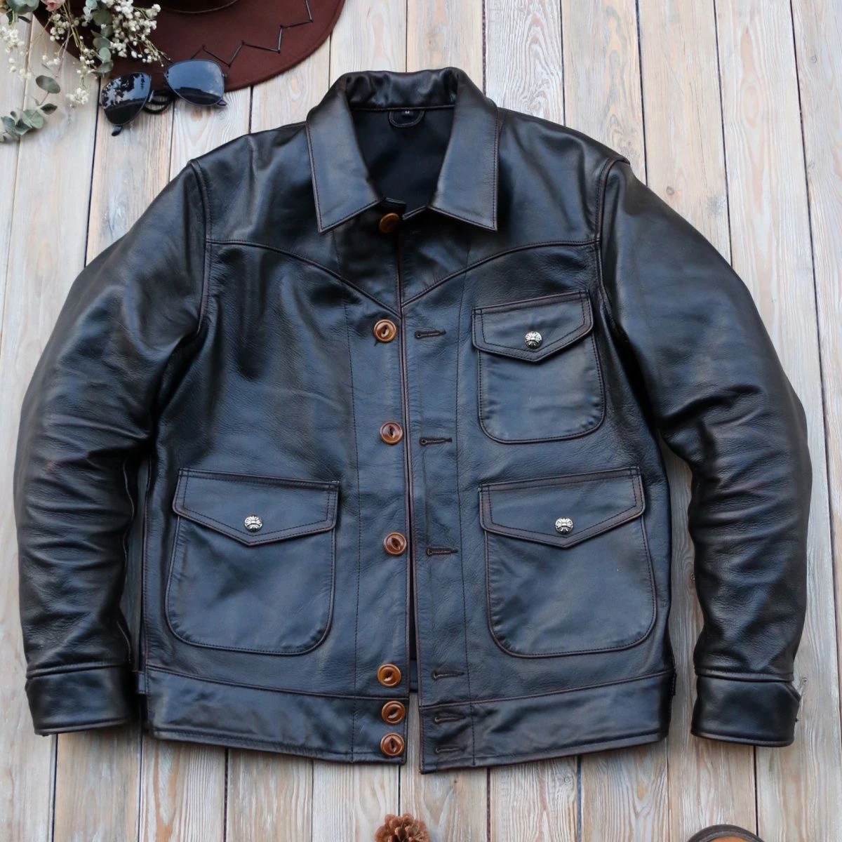 سترة جلدية رجالية أصلية بنمط RRL، سميكة بقلب من جلد الحصان، تصميم ياباني عتيق، سترة راكبي الدراجات النارية، قصة ضيقة وطول قصير