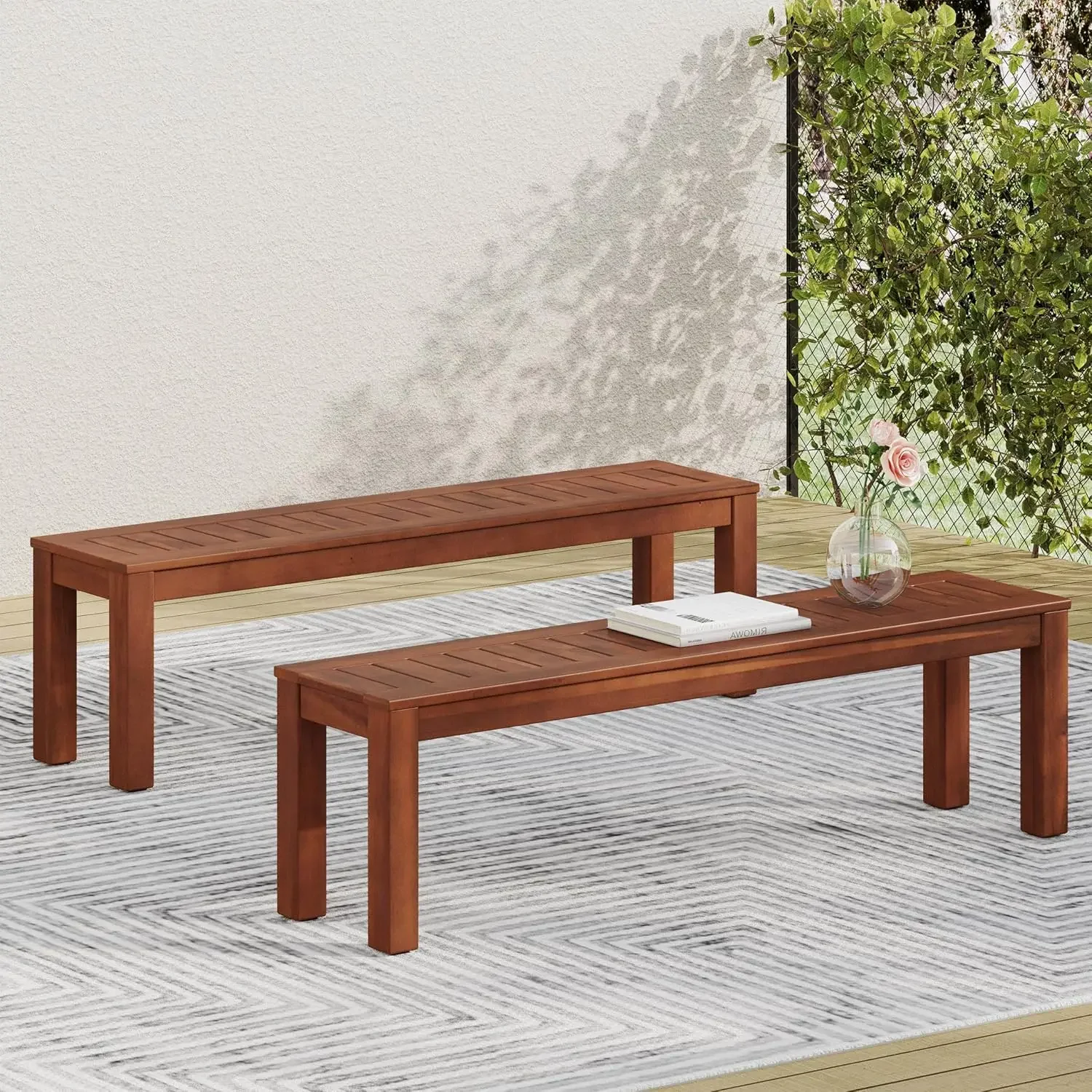 Manila Outdoor Acacia Wood Dining Bench (Set of 2), 61.75 