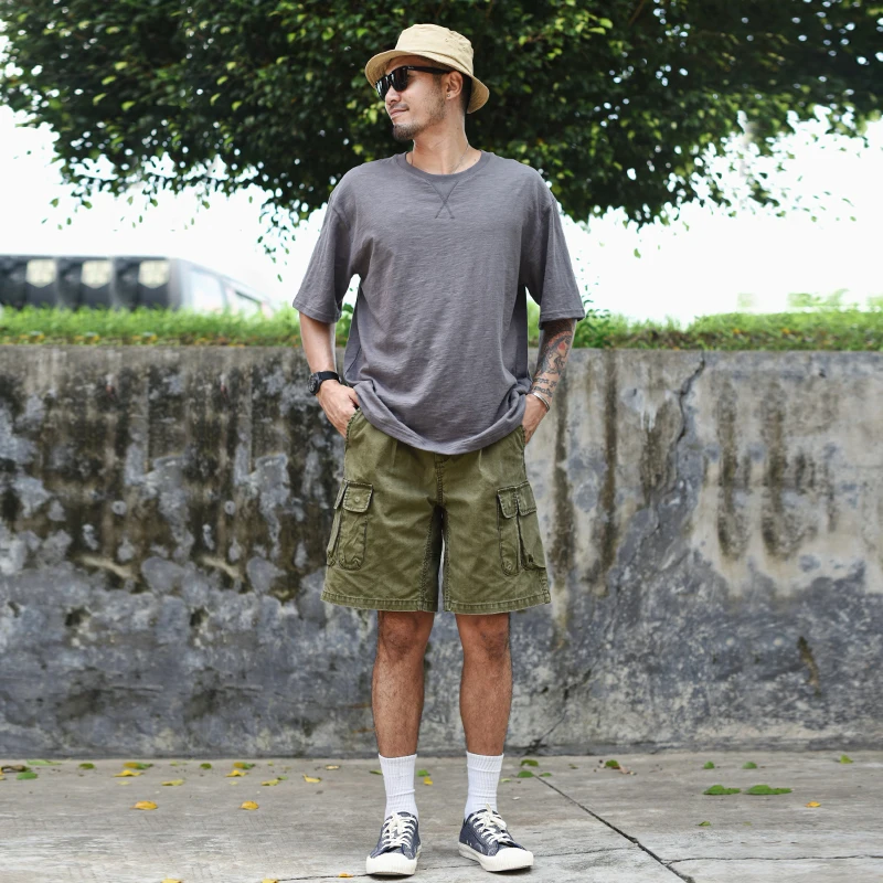 

American Retro Khaki orts Multi-ket Workwear Heavy Waed Vintage Ameika a Summer Youth Active Sle Knee-High orts