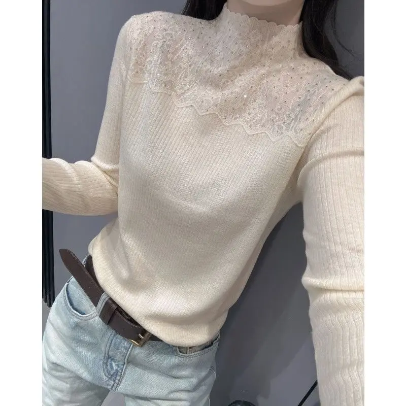 Hot Drill Lace Mock Neck Knitted Sweater 2026 New Autumn Winter Women's Bling Sweater Female Korean Style Pullover Sweater