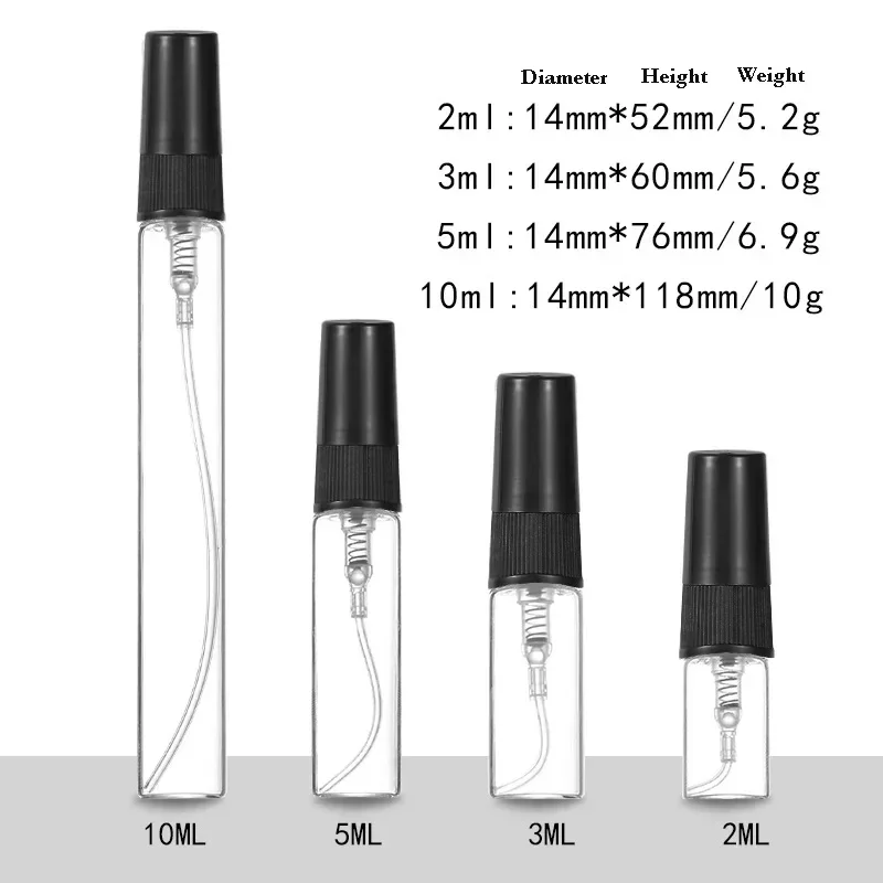 Mini botella de vidrio rellenable para Perfume, botella de viaje vacía con atomizador en aerosol, contenedor de embalaje de cosméticos, 5 piezas, 2ml - 10ml