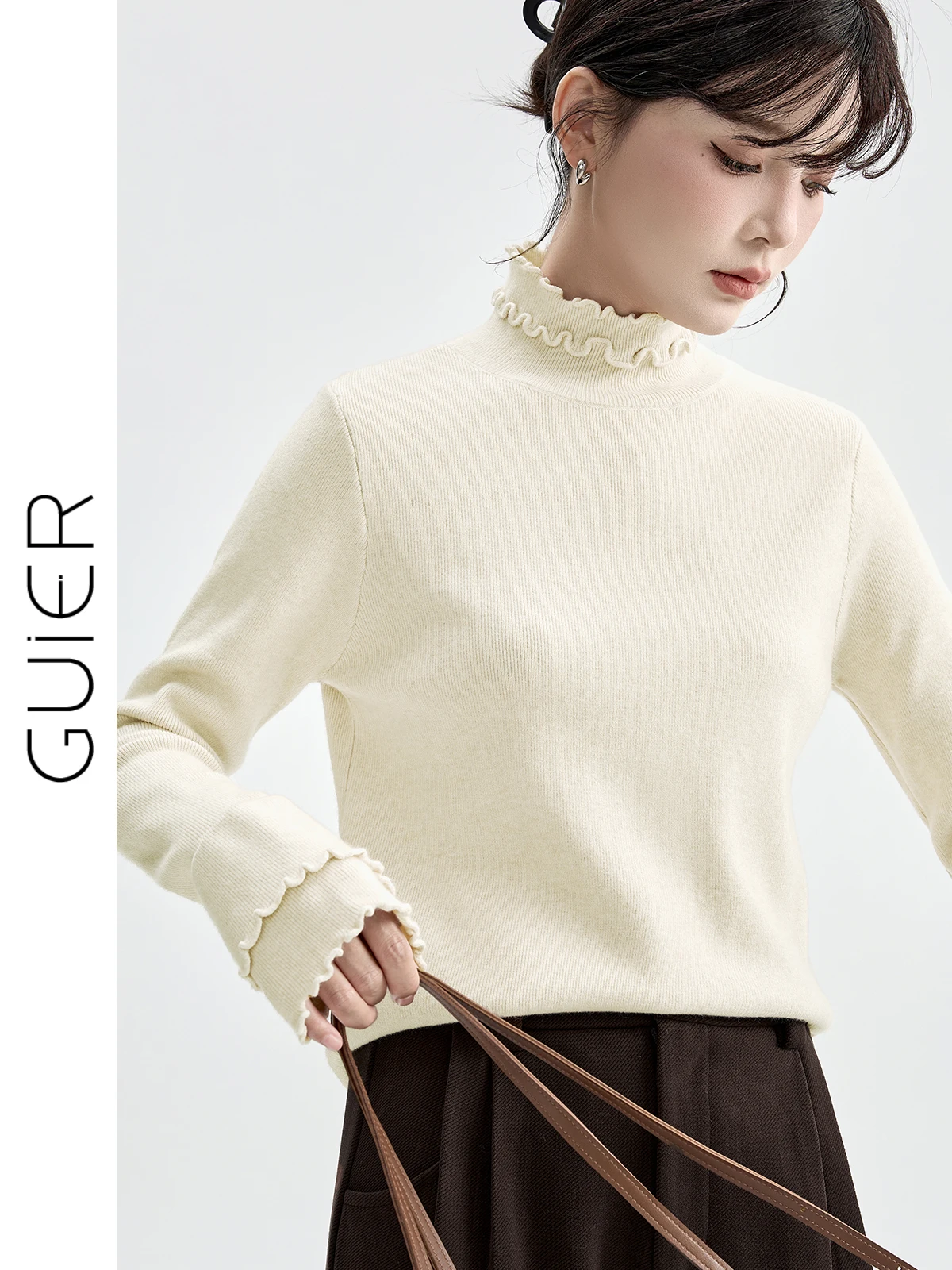 

Guier Women's High Collar Knitted Top Slim Fit Base Layer irt Floral Padded Two Piece Look Casual Sle Long Sve