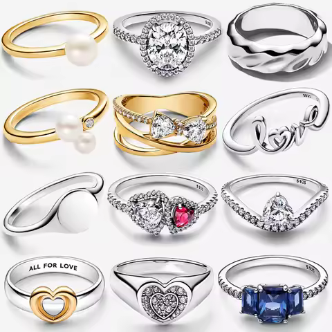 New 925 Silver Sparkling Double Heart Blue Pear Blossom Ice Pillar High Princess Crown Ring Fashion DIY Charm Jewelry