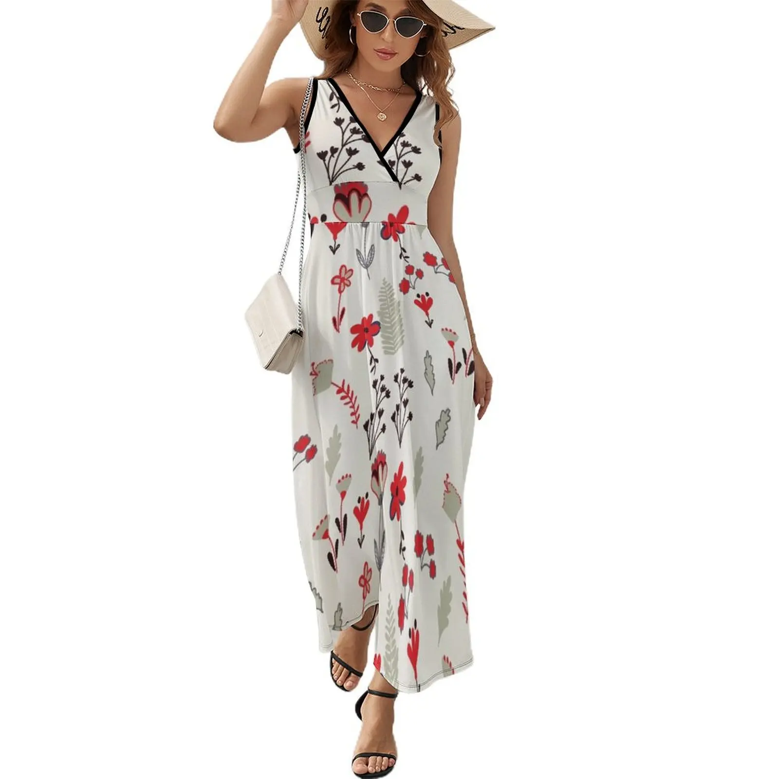 Red Vintage Floral Pattern Sleeveless Dress Women's summer suit Woman fashion dress for women 2024