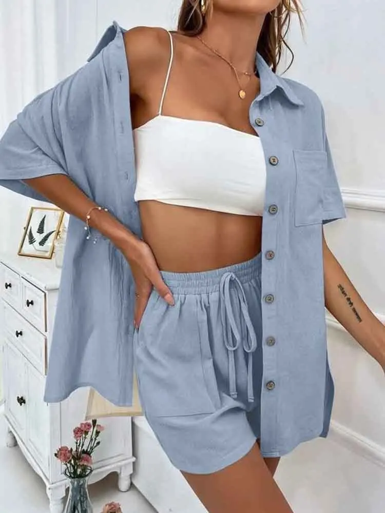 Summer Women\'s Suit Short Sets Outfits Two Pieces Solid Color Shirt Set Button Outfits Loose Fit Short Sleeve Female Clothing