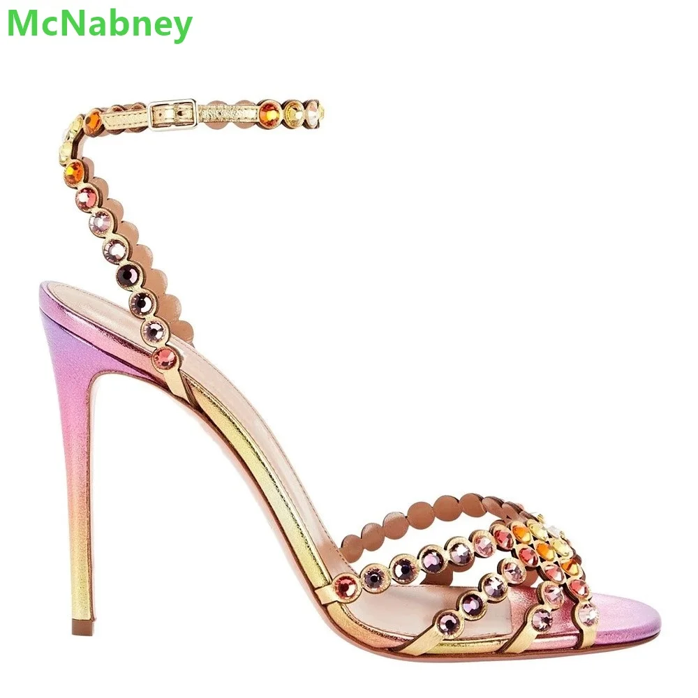 Crystal Sexy Luxury Design Sandals For Female Women Thin High Heel Ankle Buckle Strap PVC Solid Shallow Summer Fashion Shoes