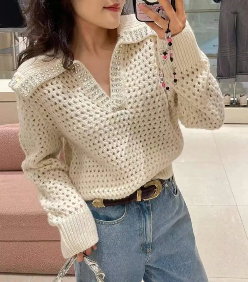 

French Vintage Lazy Style Women Sailor Collar Knitting Thick Sweater Fashion Autumn Winter Diamonds Hollow Out Loose Pullovers