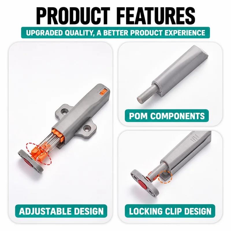 Cabinet Door Push Latch, Spring Loaded Push to Open Rebounder Catch for Handleless Cupboards, 6 Models