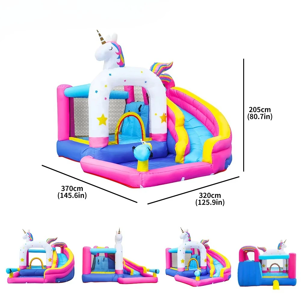 Eenhoorn springkasteel droog waterglijbaan combo opblaasbare trampoline grappig springkasteel voor kinderen