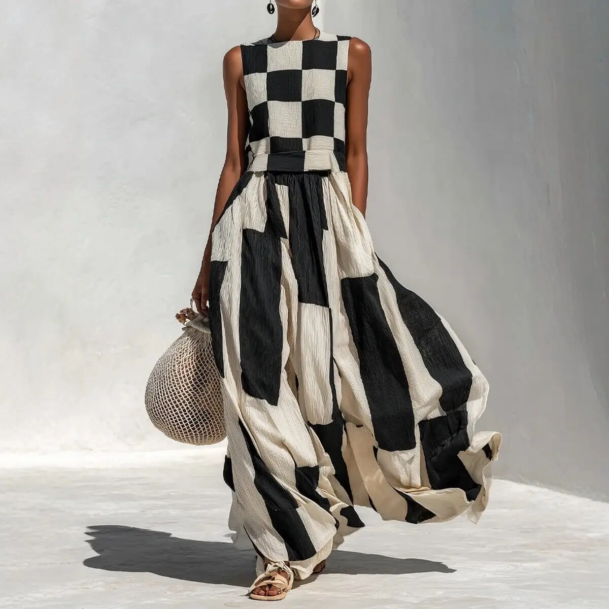 Elegant Holiday Ladies Dress Sleeveless Black White Geometric Patchwork Print Party Dress Women Summer O Neck Loose Maxi Dress