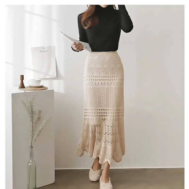 Lace Knitted Medium to Long High Waist Fish Tail Wrapped Hip Skirt Summer Hollow