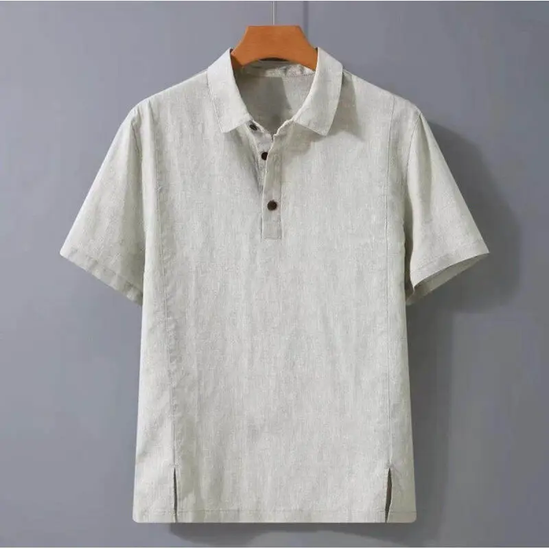 

Summer Men's Short Sleeve Shirt Vintage Casual Clothing Cotton Linen Blend Thin Turn-down Collar Pullover Loose Fit