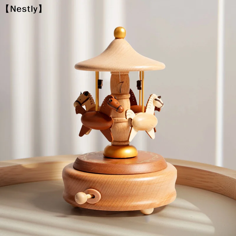 Wooden Carousel Music Box Ornaments Rotatable Hand-cranked Music Box DIY Handmade Birthday Christmas Gift Children’s Toys〔Nest〕