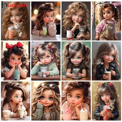 Huacan Full Diamond Painting Portrait Girl Diy Embroidery Girl 5d Mosaic Cartoon Coffee Complete Kit Home Decor Gift