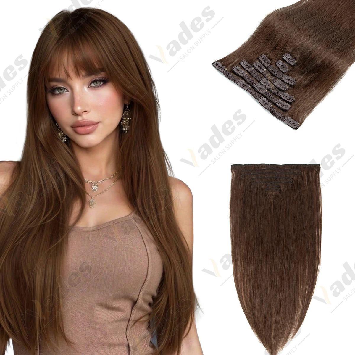 7pcs 120g Clip In Real Human Hair Extensions 14 Inch Straight Thick Weft 120g 7pcs Clip in Hair Extensions 14 Chocolate Brown/Caramel  main image 3