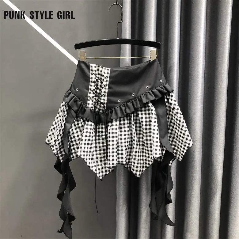 Chica caliente borla Irregular Mini dibujo a cuadros subcultura dulce falda Harajuku estética Rock Hip Hop una línea faldas de retales con volantes