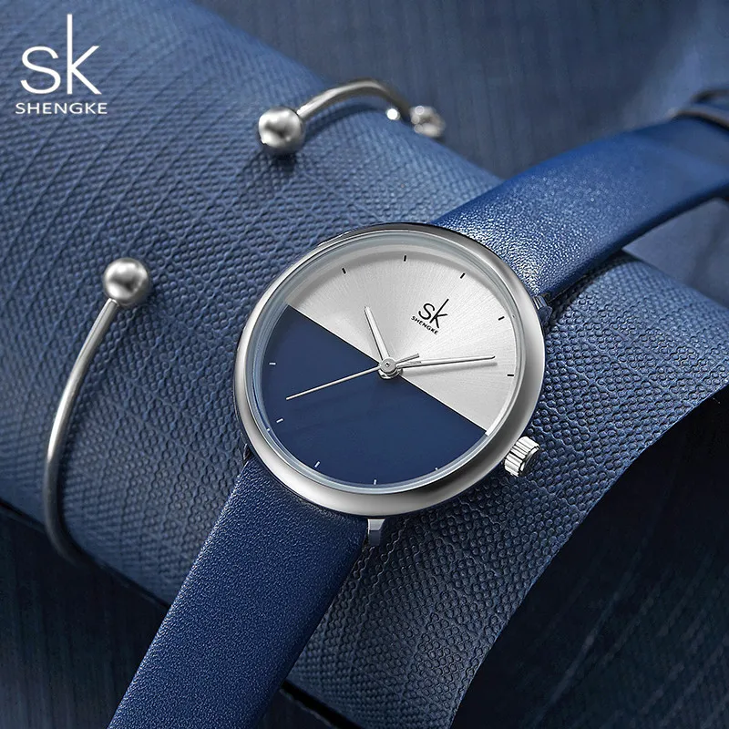 Shengke Original Design Woman Watches Fashion Blue Leather Strap Women\'s Quartz Wristwatches Ladies Clock New Reloj Mujer Saat